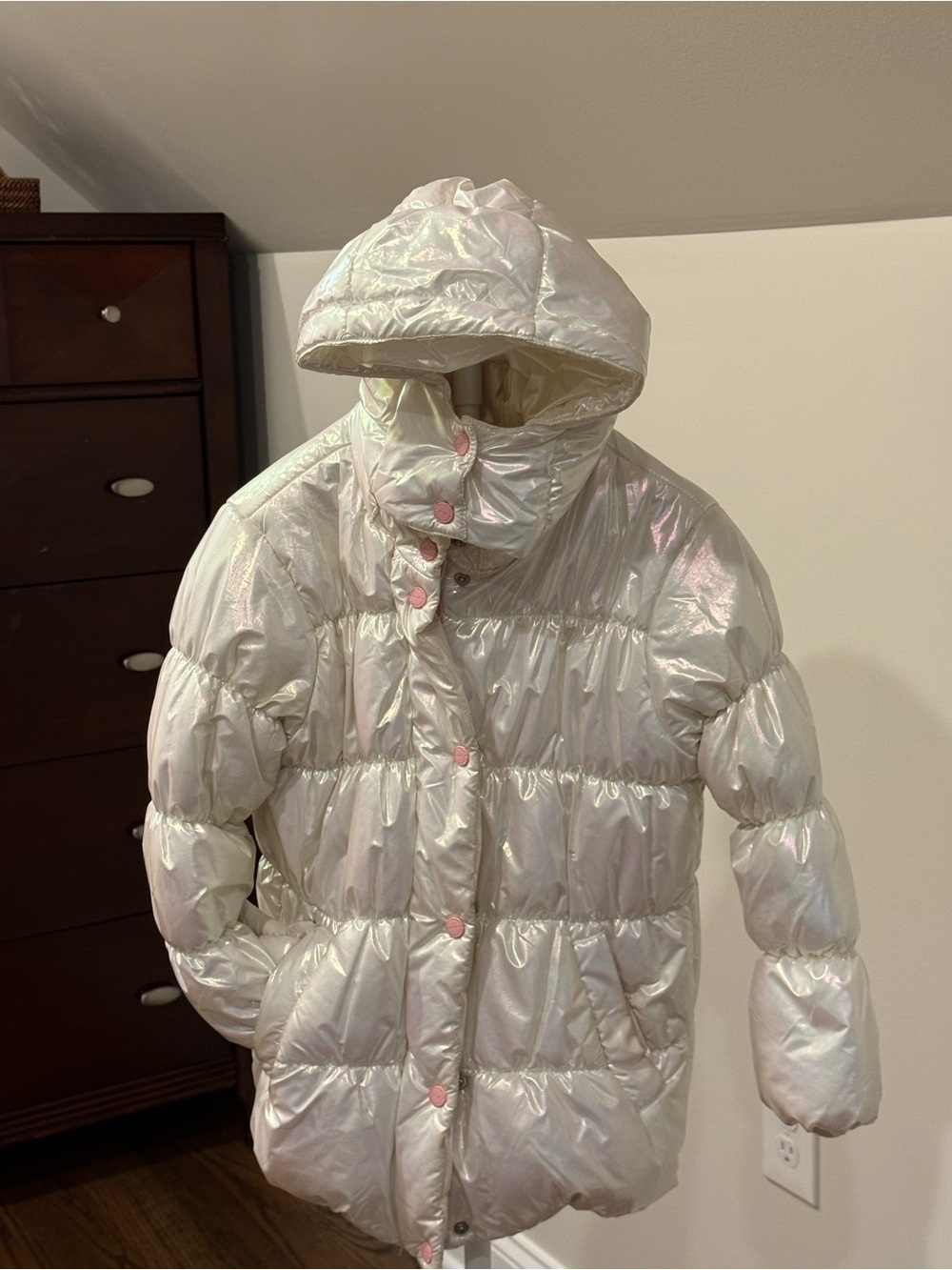 Urban Republic Iridescent White Puffer Jacket with Pink Accent Snaps Girls 7/8